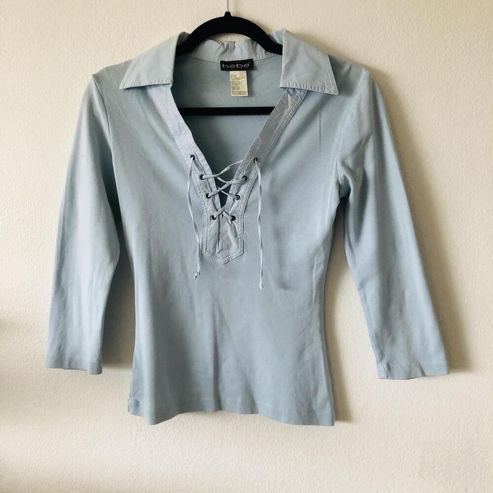 Bebe Light Blue Lace-Up Collar Long Sleeve Shirt Size L